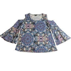 Melissa Paige Size L Paisley Print Blouse Cold Shoulder Bell Sleeves